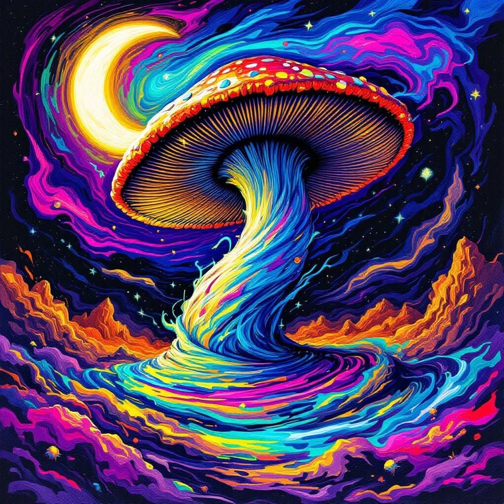 Mushroom Tornado with Holographic Moon in Impasto Style
