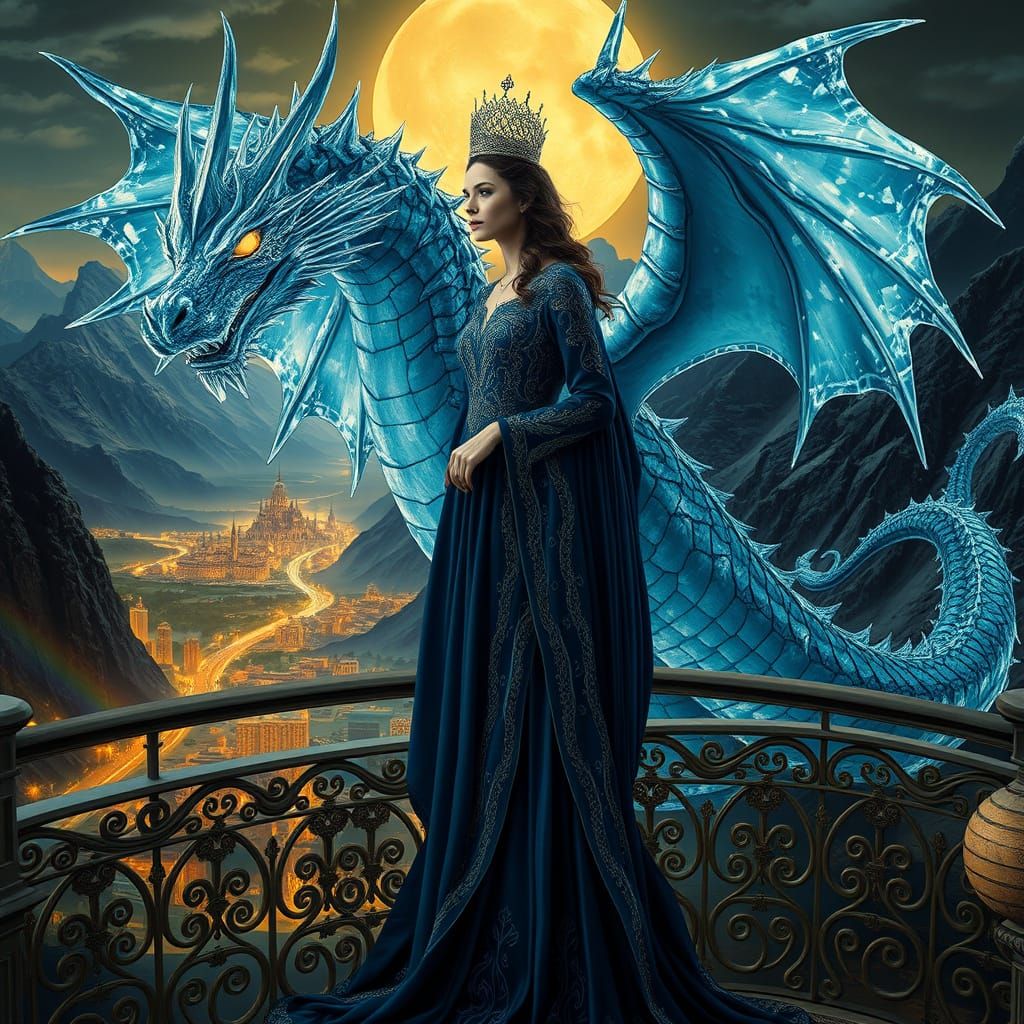 Regal Queen & Ice Dragon in Art Nouveau Fantasy Style