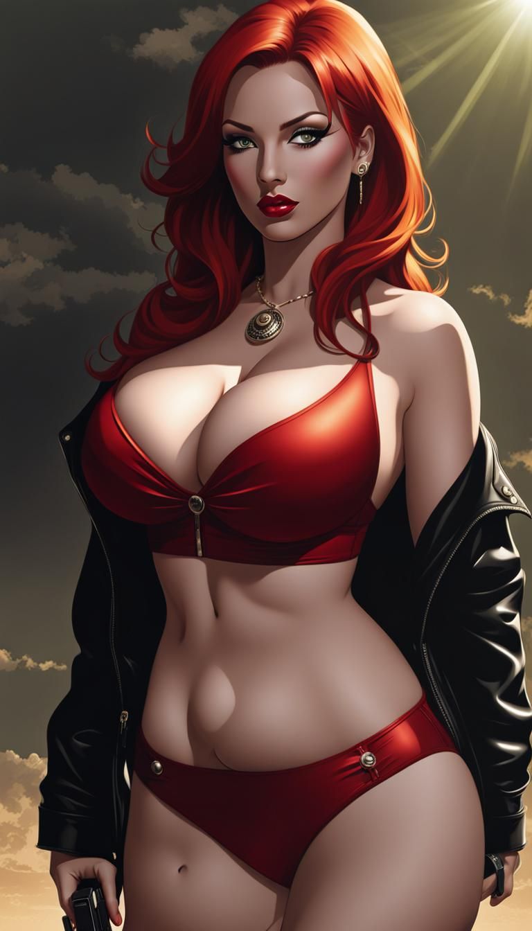Redhead in Red Bikini with Pistol: Pinup Art