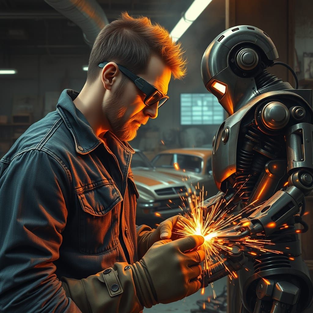 Gritty Welder in High-Tech Shop, Grunge Style