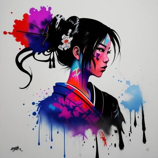 Geisha Silhouette in Graffiti Splash Art Style