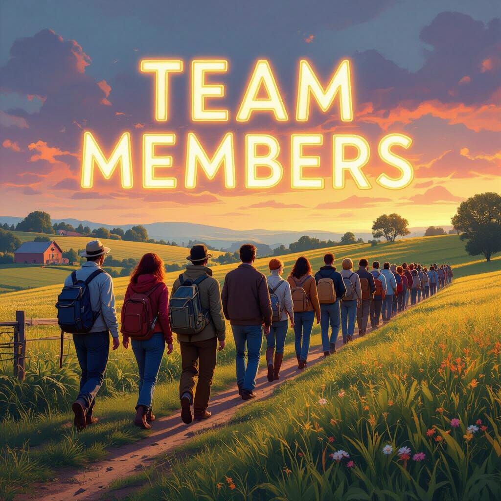 Diverse Team Walks Down Farmyard Hill in Hyperrealism