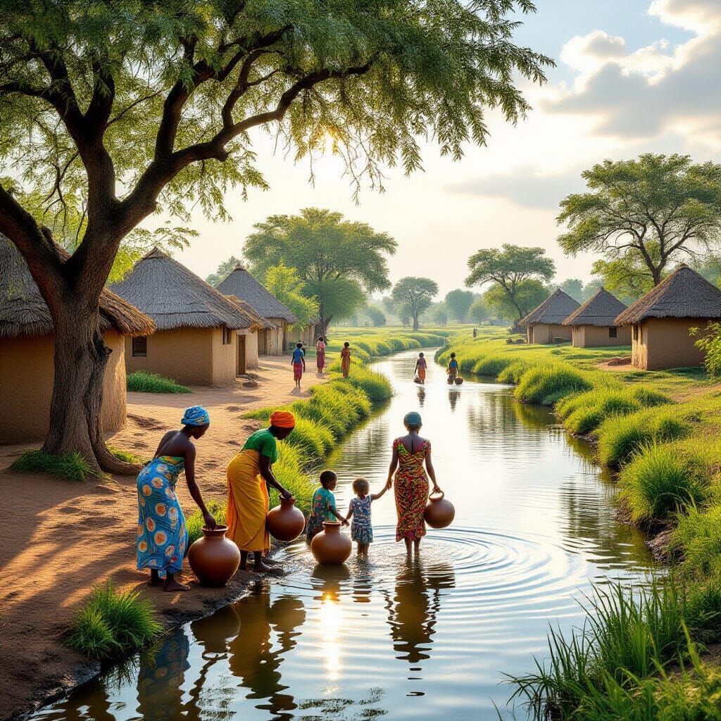 Serene African Village Life by the River