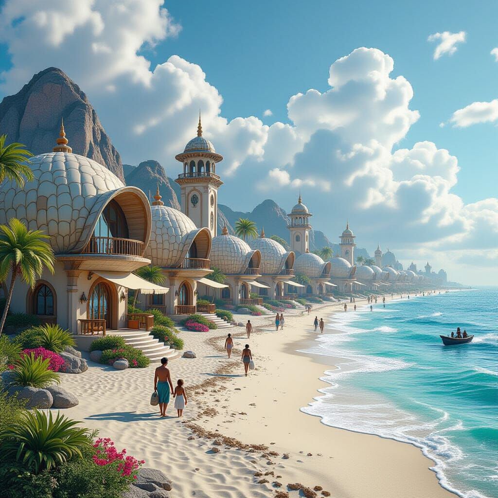 Fantastical Shell Homes on a Detailed Beach Landscape