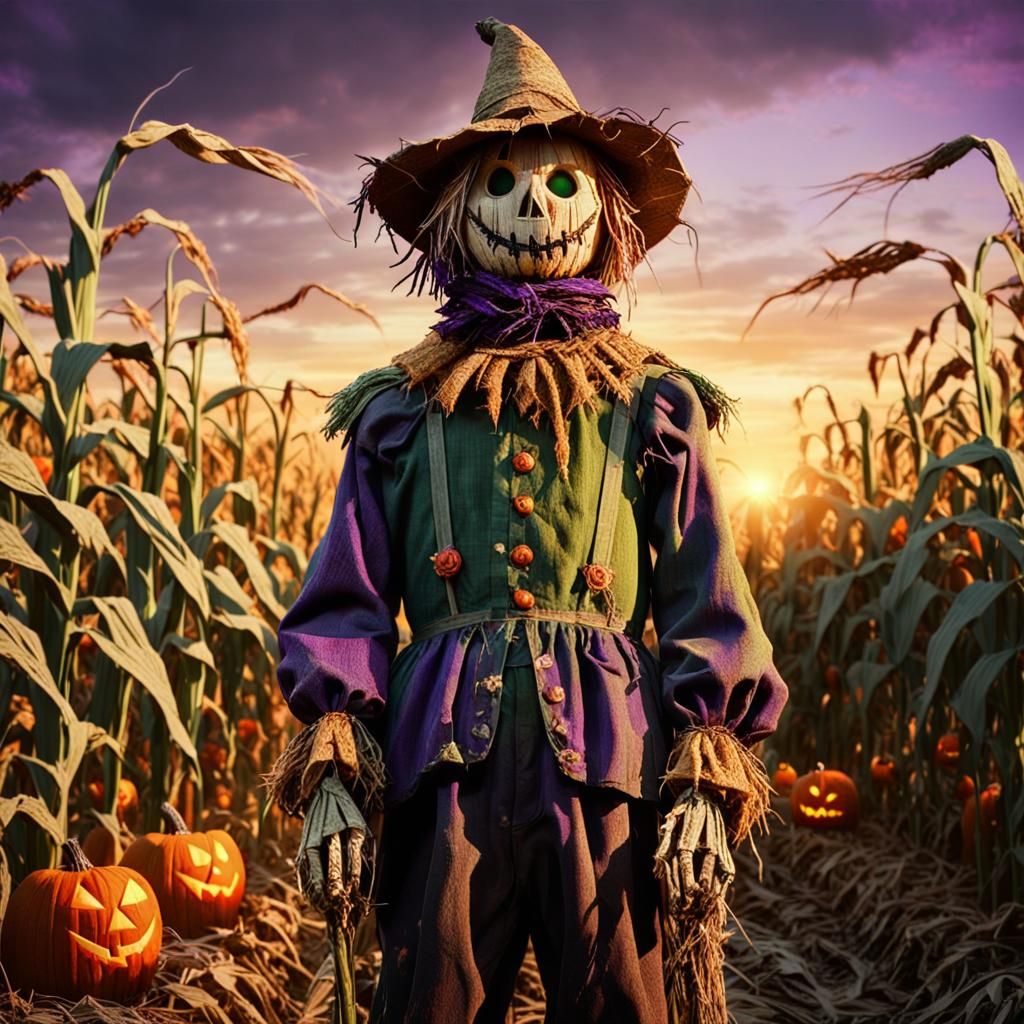 Eerie Scarecrow in Cornfield at Dusk