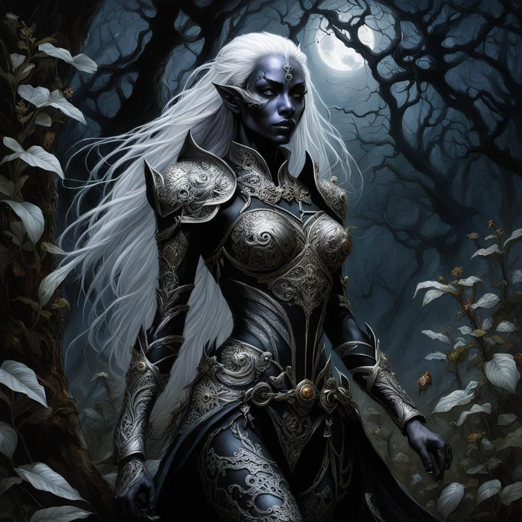 Drow Warrior in Moonlit Forest, Digital Baroque Style