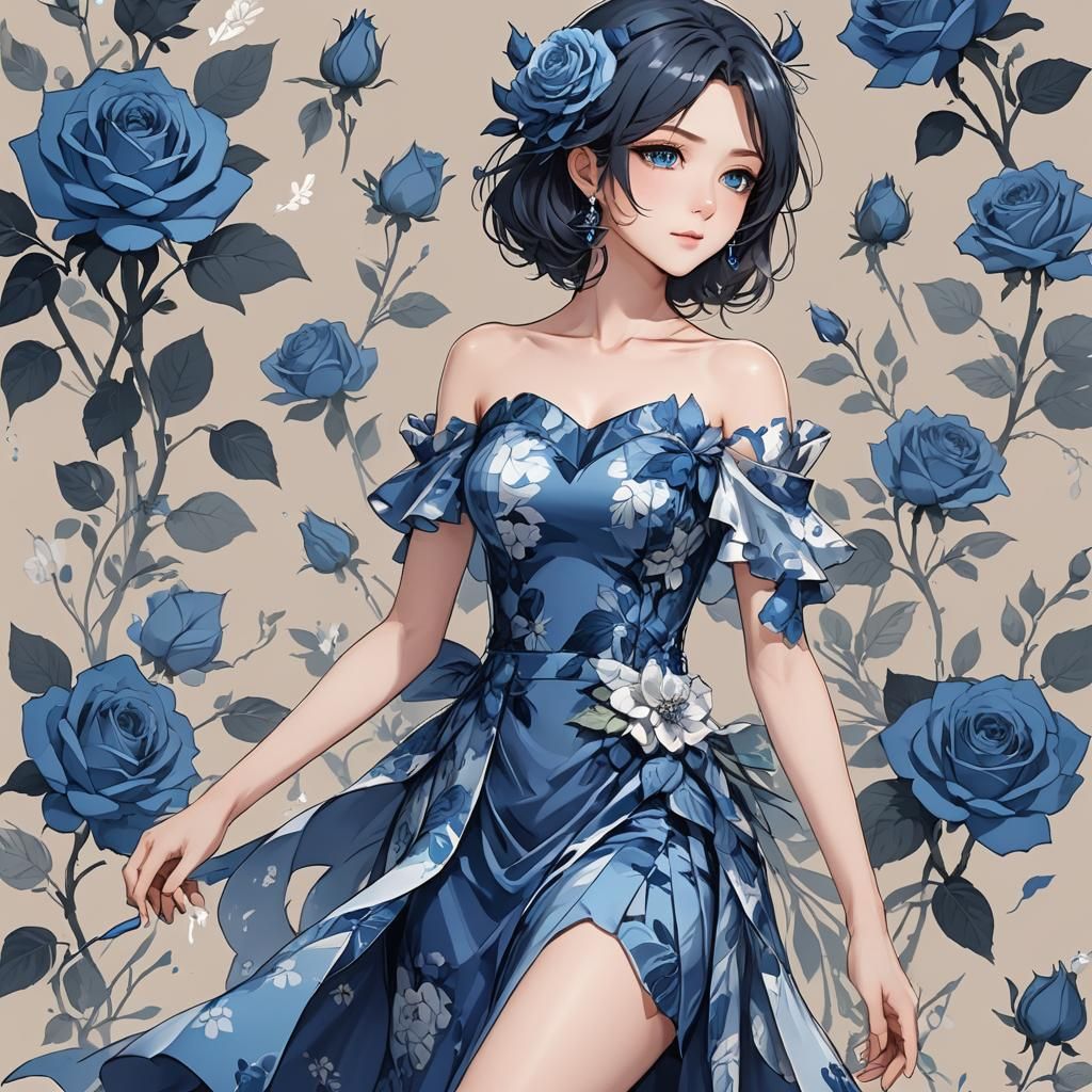 Blue Rose Cocktail Dress in Anime Style