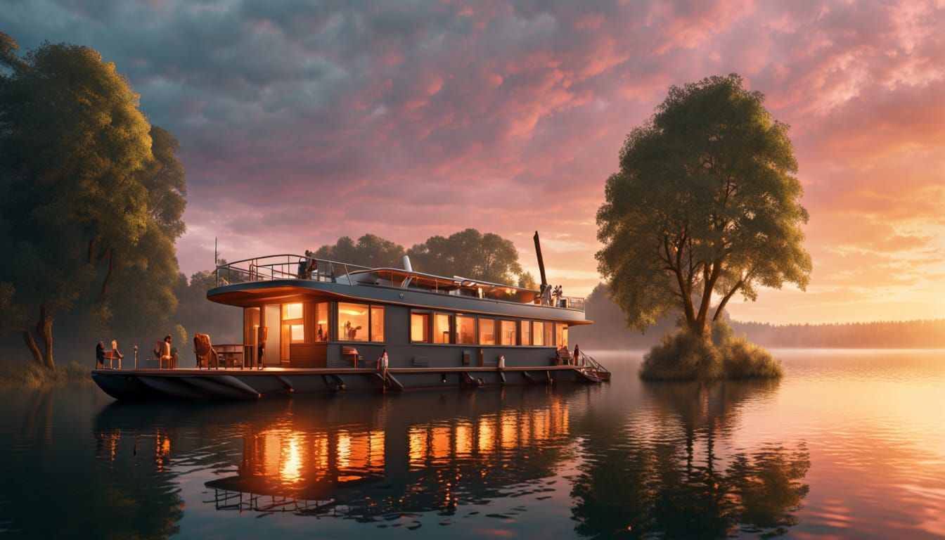 Sci-Fi Houseboat on Lake at Golden Hour