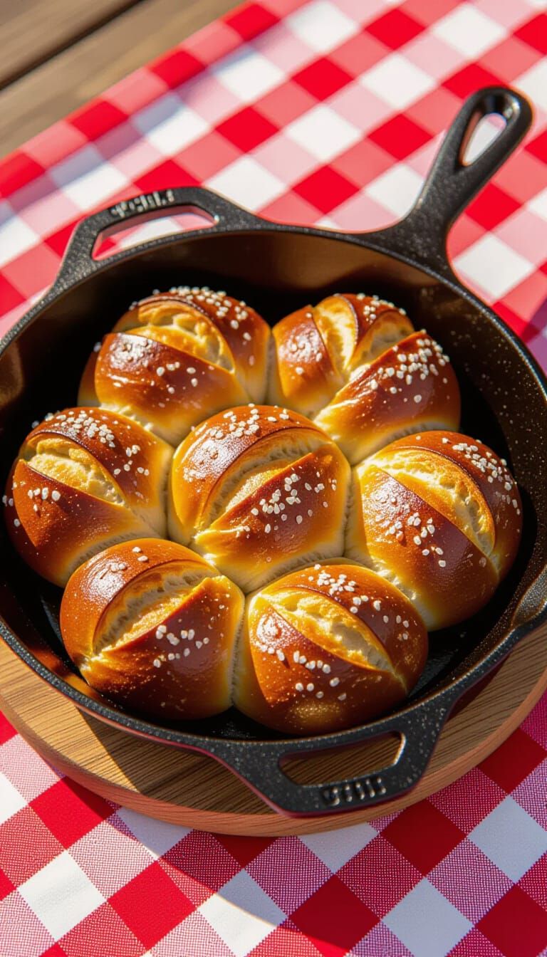 Artful Pretzel Rolls in Cast Iron Skillet on Checked Tablecl...