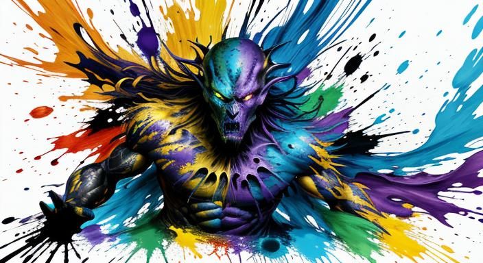 Alien Confronts Dragon in Ink Splatter Art