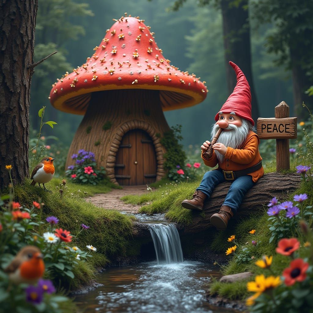 Woodland Gnome Plays Flute by Mushroom Hut