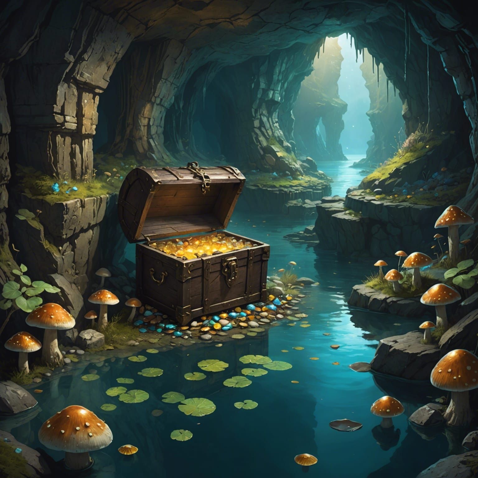 Flooded Cave Treasure Room with Bioluminescent Mushrooms
