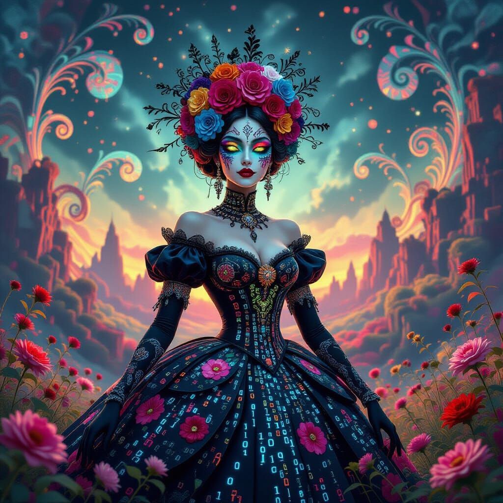 Regal Catrina with Binary Code in Ethereal Digital Landscape