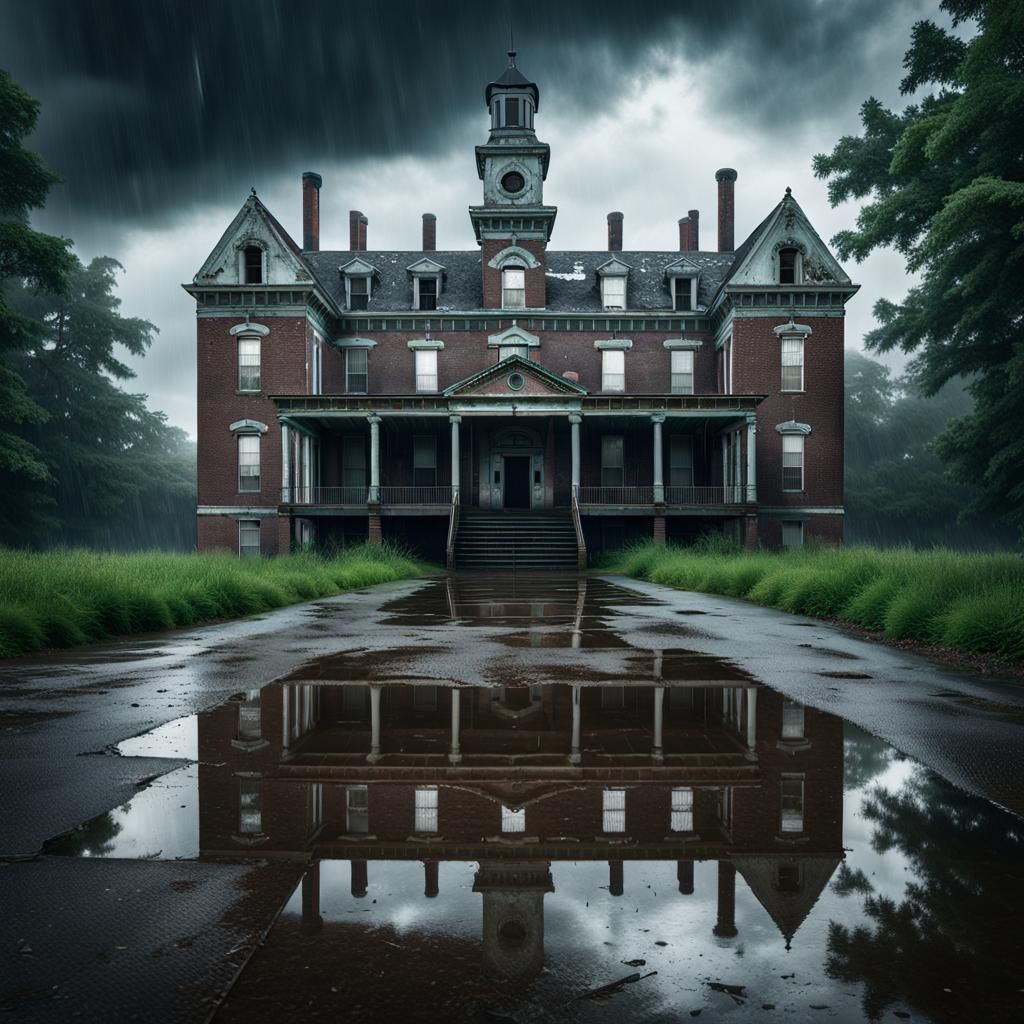 Rainy Day at Pennhurst Asylum: Realistic 8k Photograph
