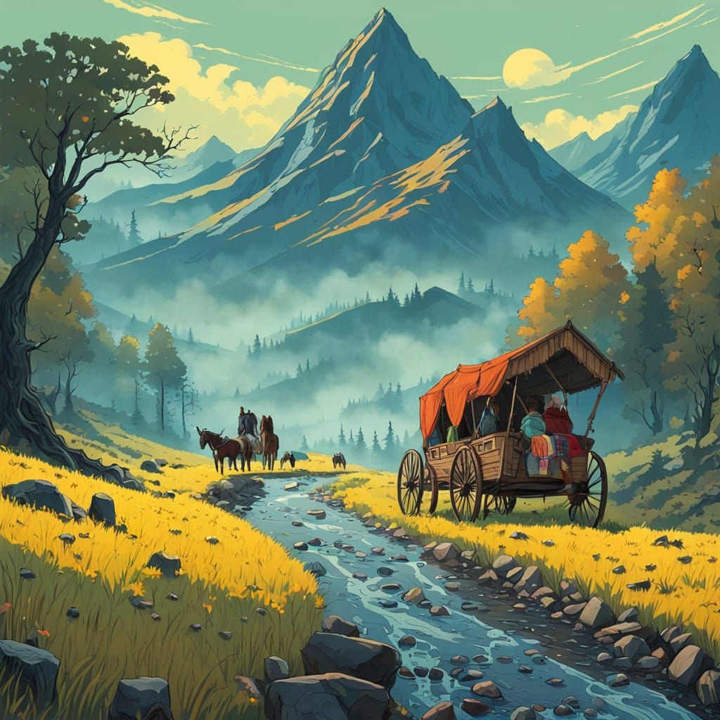 Majestic Packhorses Wander in a Serene Mountain Caravan
