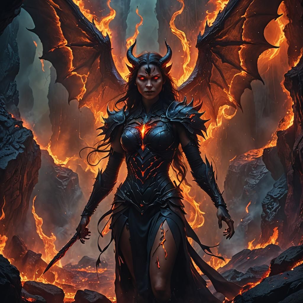 Devil Woman in Hellfire Cavern: Fantasy Art