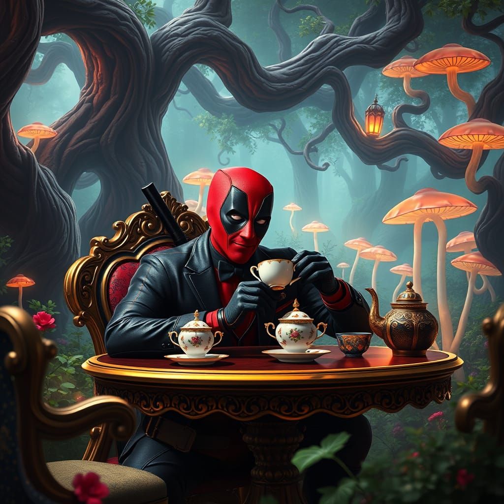 Deadpool Enjoys Whimsical Tea Party in Dreamlike Garden