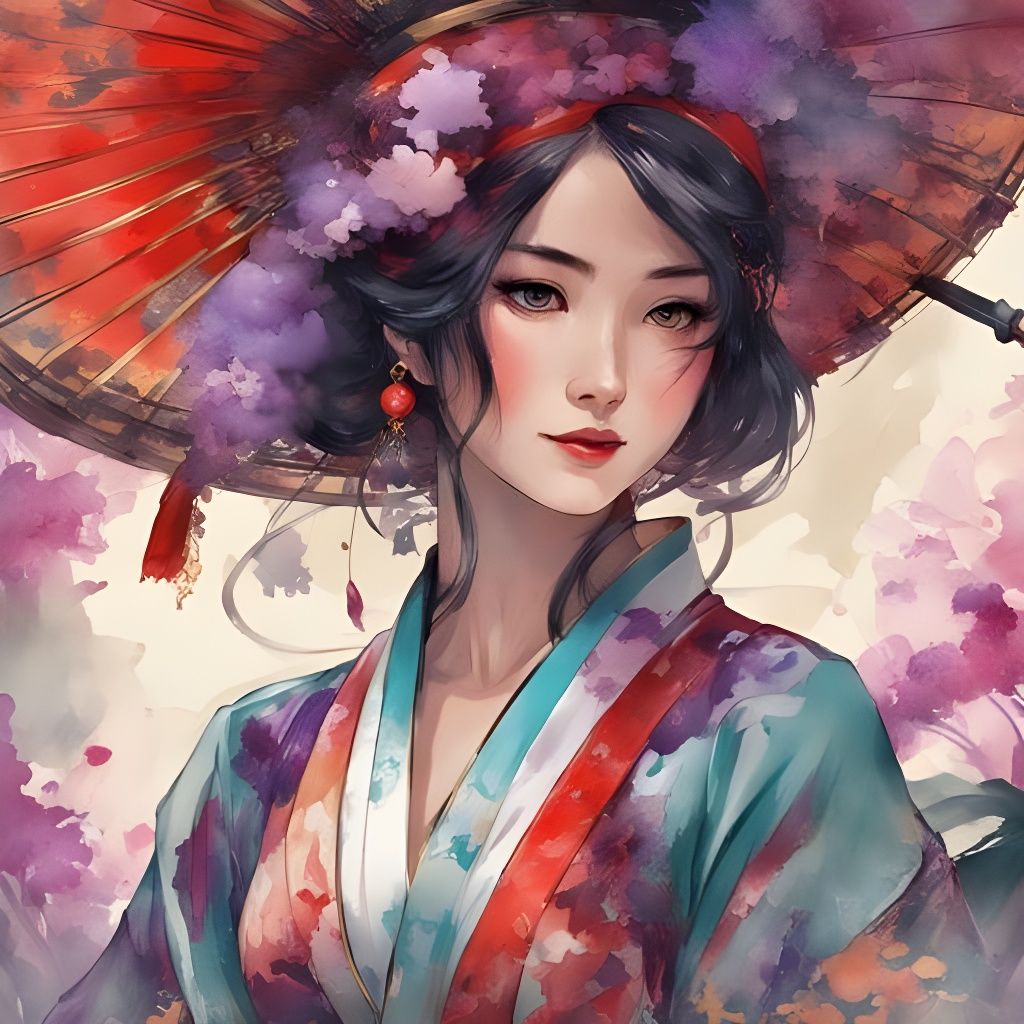 Beautiful Japanese Girl Portrait in Watercolor Style