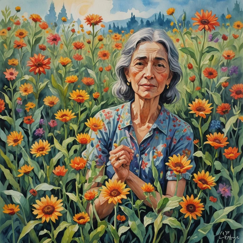 Impressionist Gouache Painting of a Sunny Flower Field
