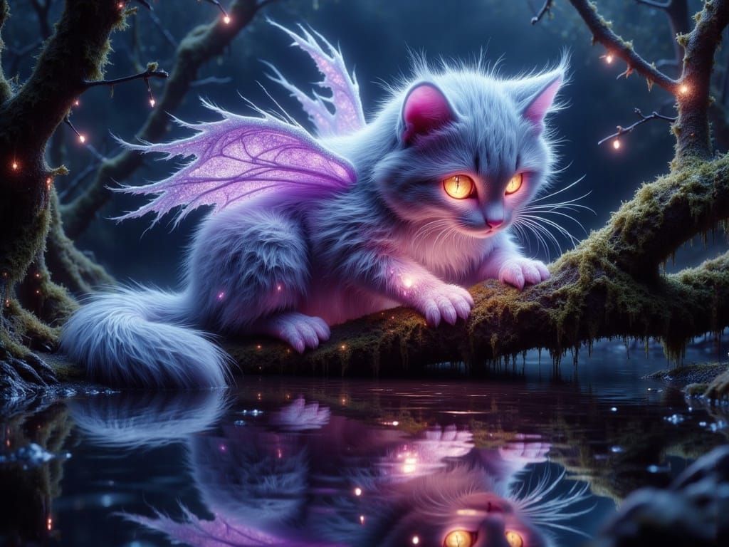 Mythical Feline Goddess with Radiant Wings and Shimmering Co...