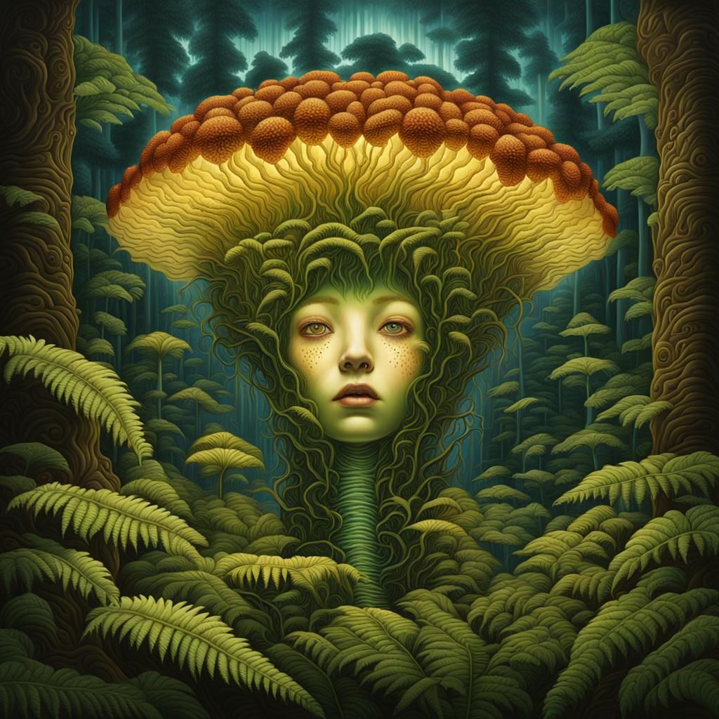 Storm Spirit Merges with Biomechanical Fern, Surreal Art