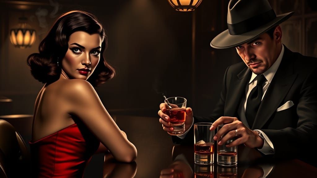 Stunning Woman in Film Noir-Inspired Bar Scene