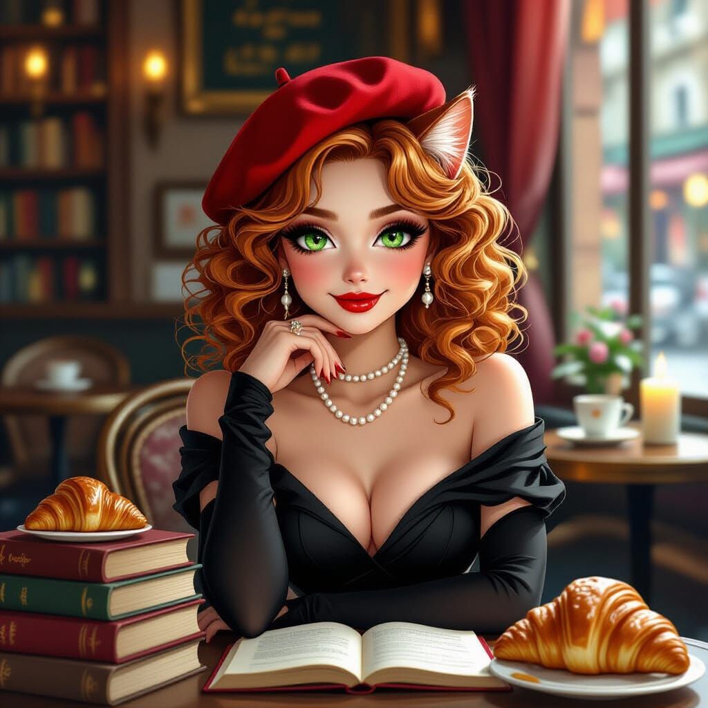 Hyperrealistic Ginger Cat Woman in Parisian Cafe