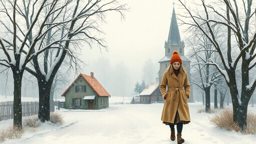 Whimsical Winter Scene with German Maiden and Cozy Cottage