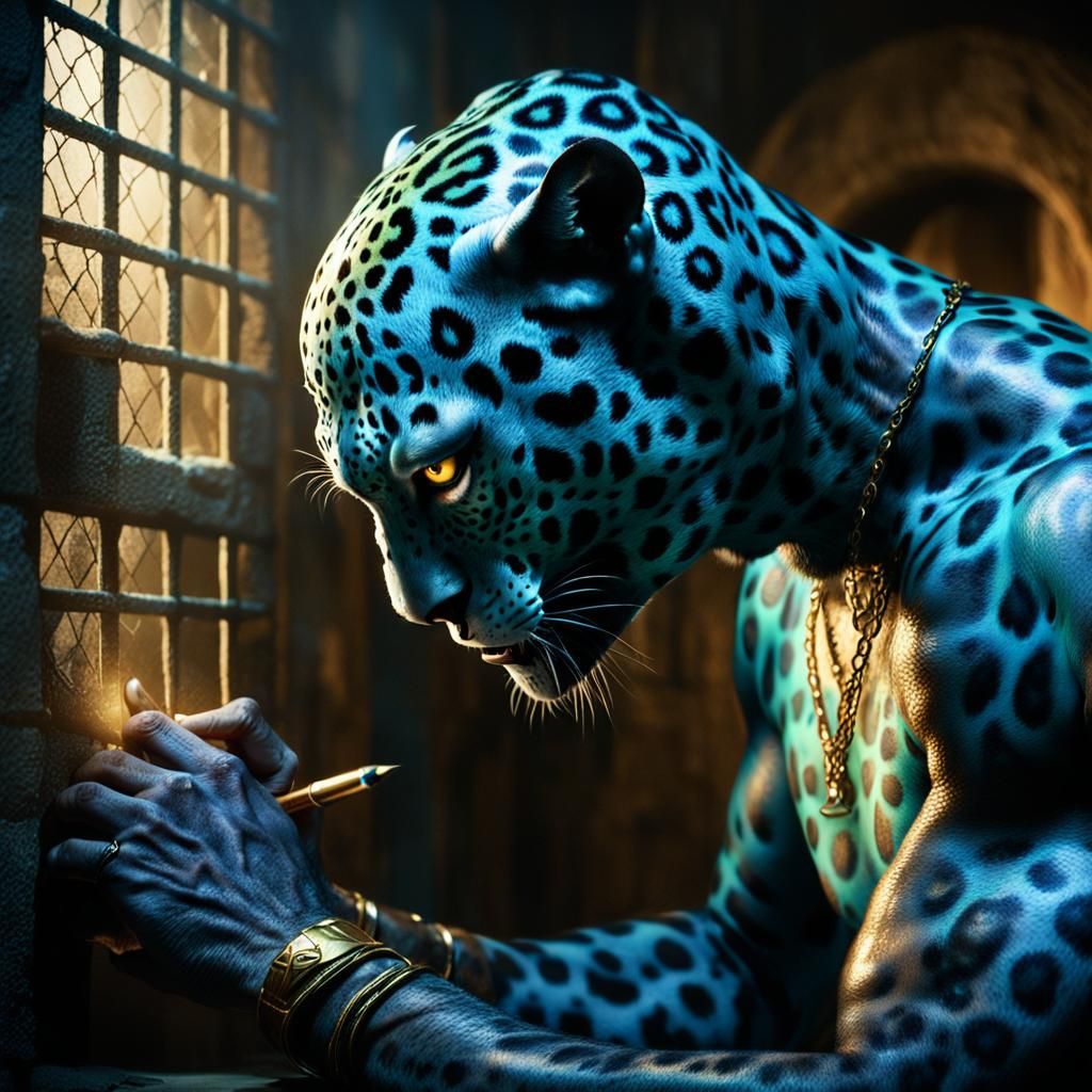 Half-Jaguar Alien Poet in Prison Cell, Fantasy Art