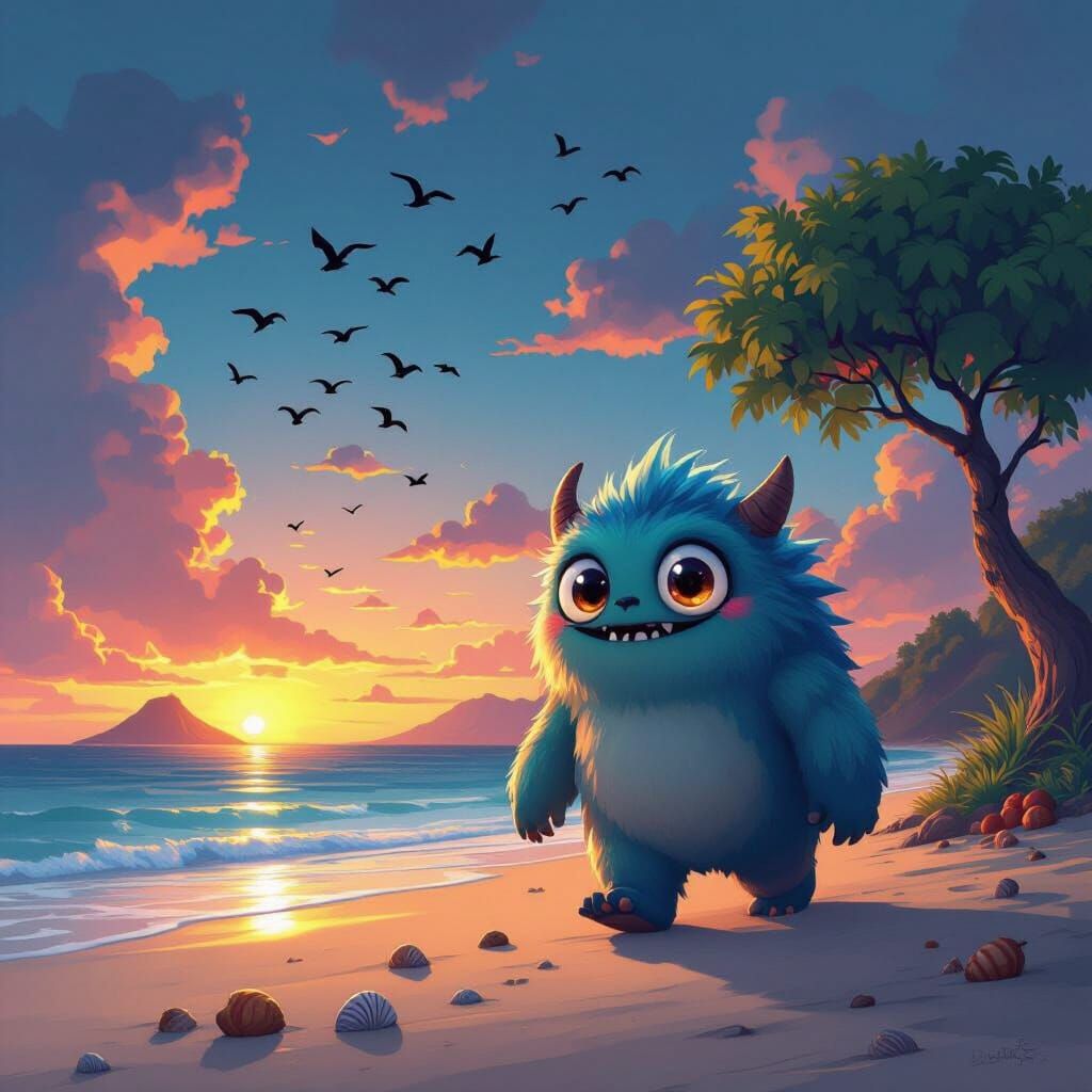 Friendly Cartoon Monster on Beach at Sunset