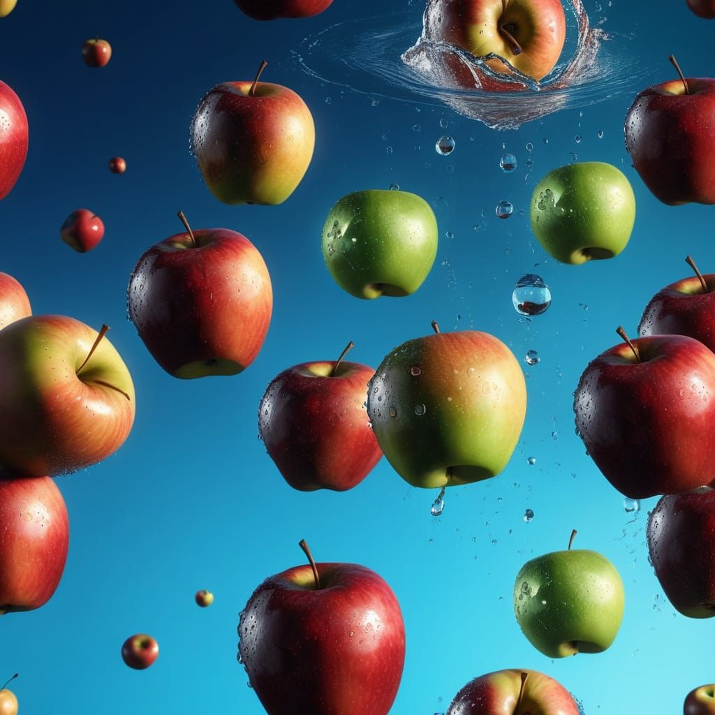Hyperrealistic Apples Falling from a Vibrant Sky