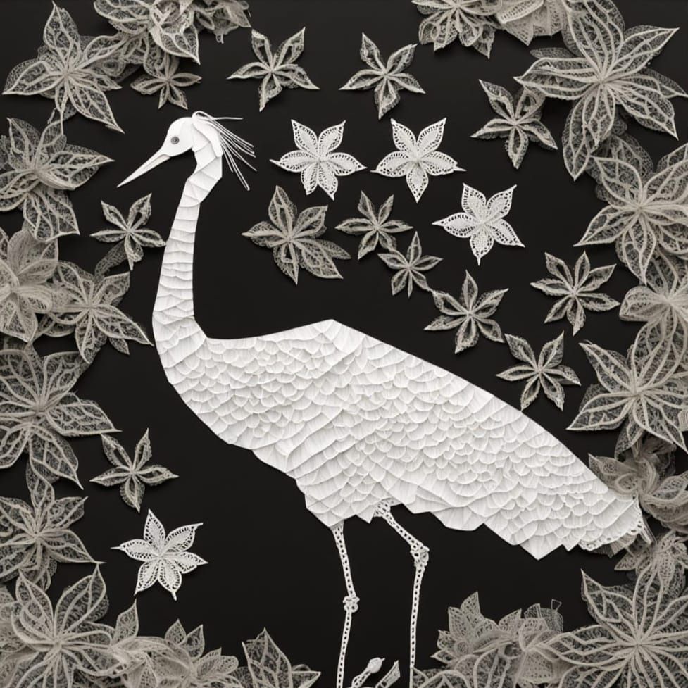 Lace Origami White Crane Collage Art