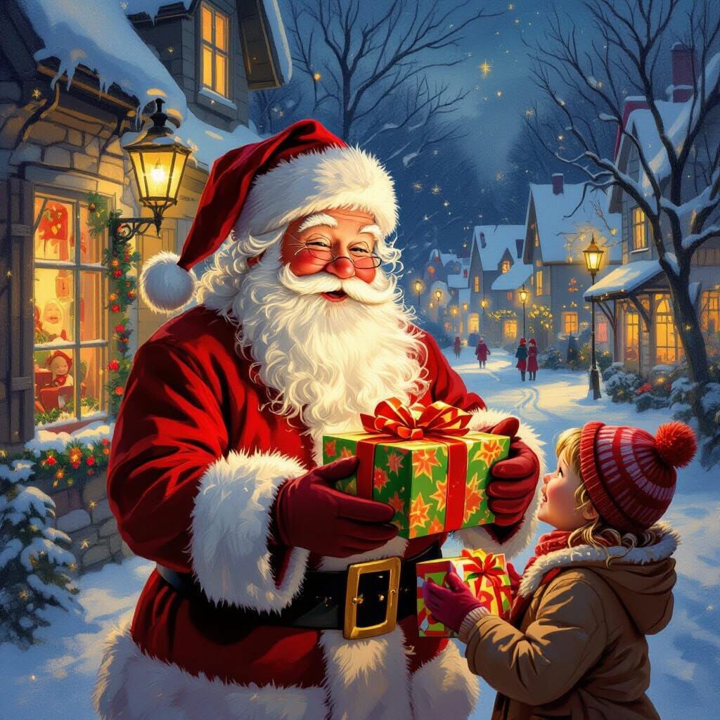 Santa Claus Distributes Gifts in Nostalgic Village Scene