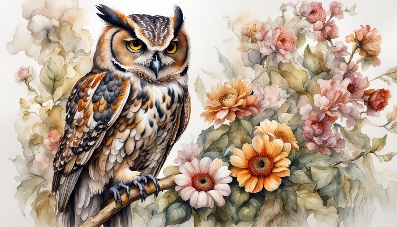 Watercolor Vintage Style Birds and Flowers Painting