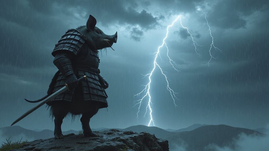 Samurai Pig War God in Thunderstorm
