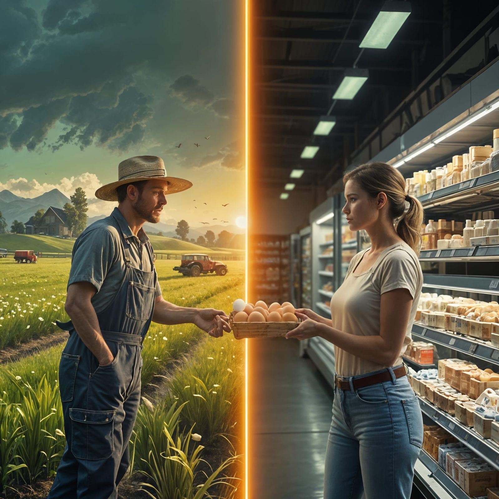 Glowing Boundary Divides Farm and Supermarket