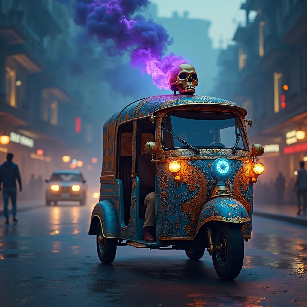 Ornate Indian Rickshaw with Steampunk Skull Cigar