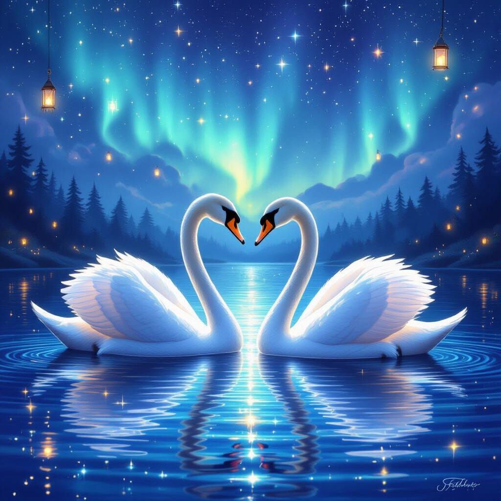 Enchanted Swans Form Heart on Starlit Lake