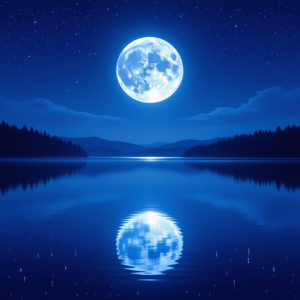 Full Moon Reflection on Still Lake Under Starry Sky