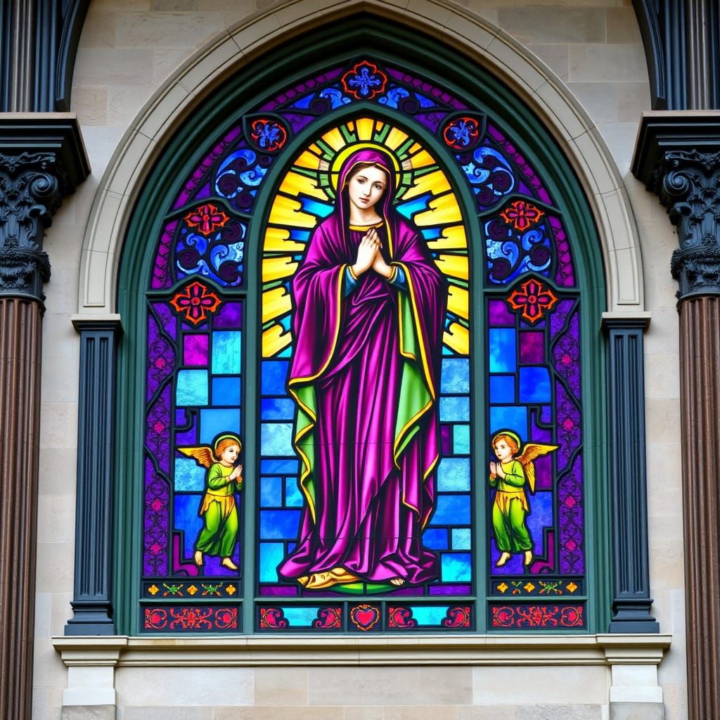 Impressionistic Stained Glass Virgin Mary in Archway