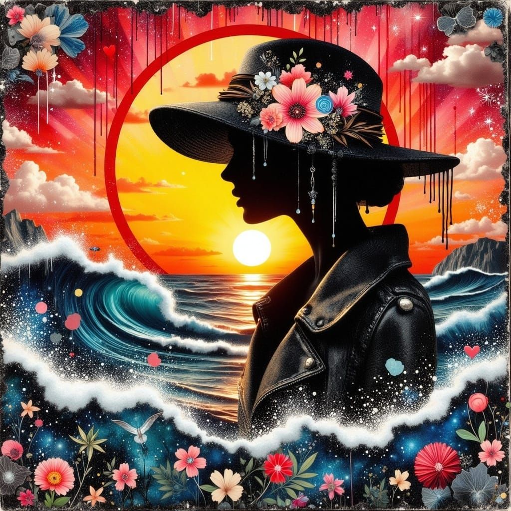 Vibrant Sunset Woman Silhouette in Mixed Media Art