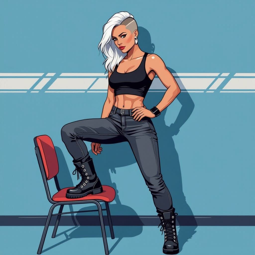 Edgy Woman in Futuristic Room, Ash Thorp Style