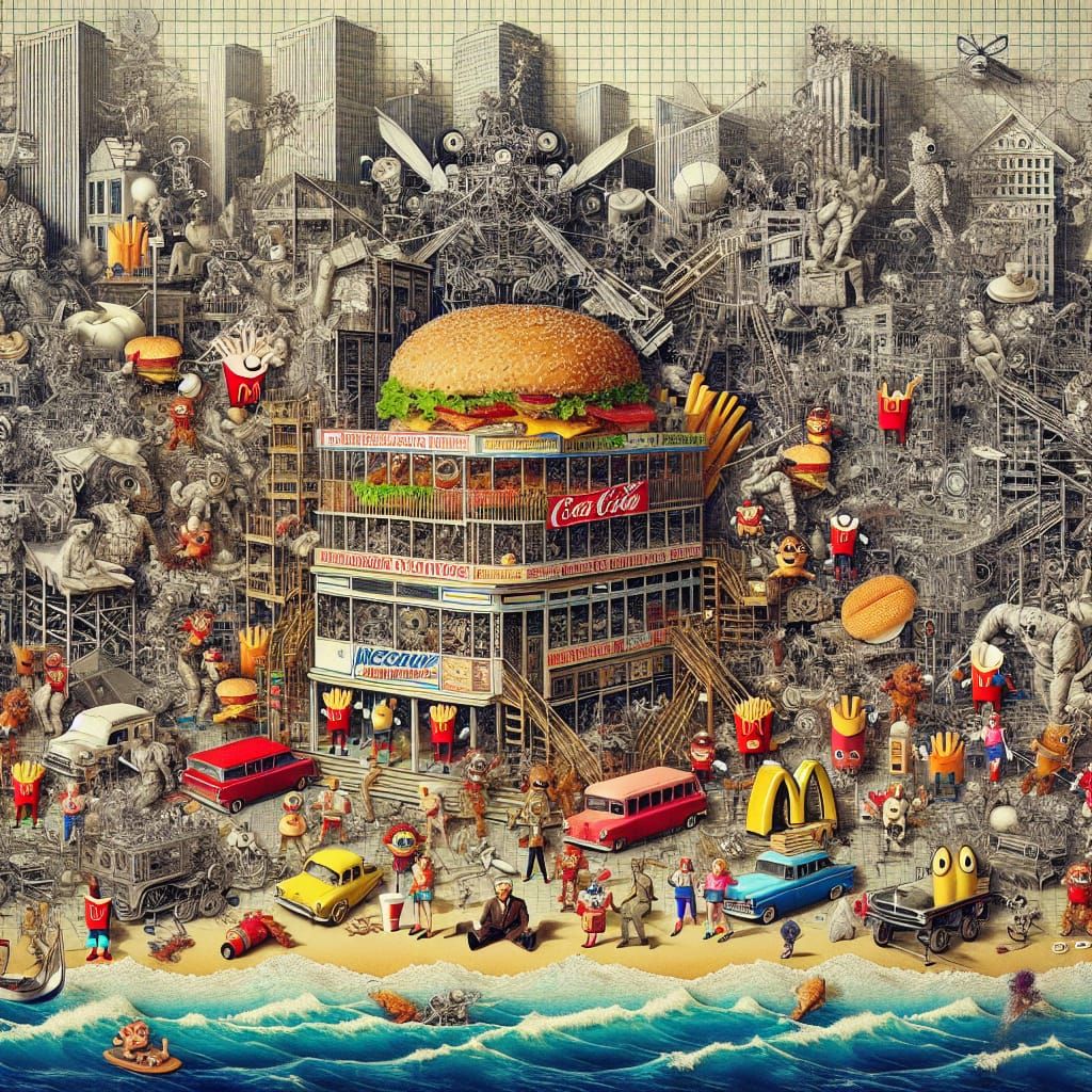 Dadaism Collage: Fast Food Mascots in Urban Gridlock