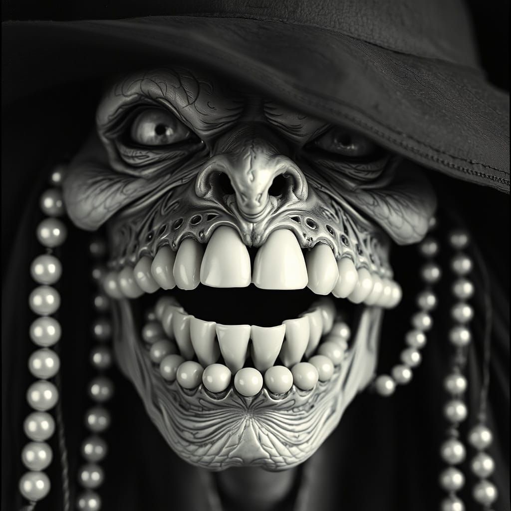 Surreal Witch Portrait with Pearly Teeth, Photogravure Style