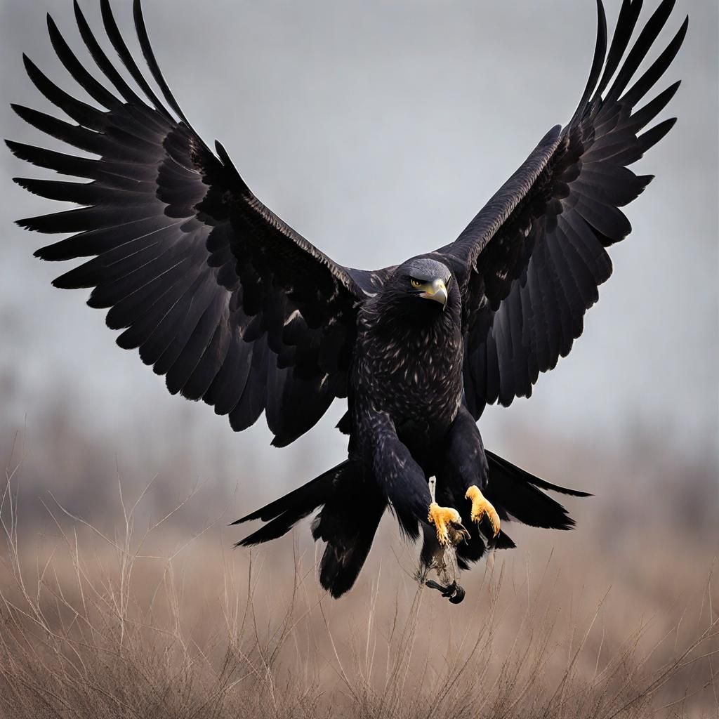 Black Eagle Hunting Near Waterfall