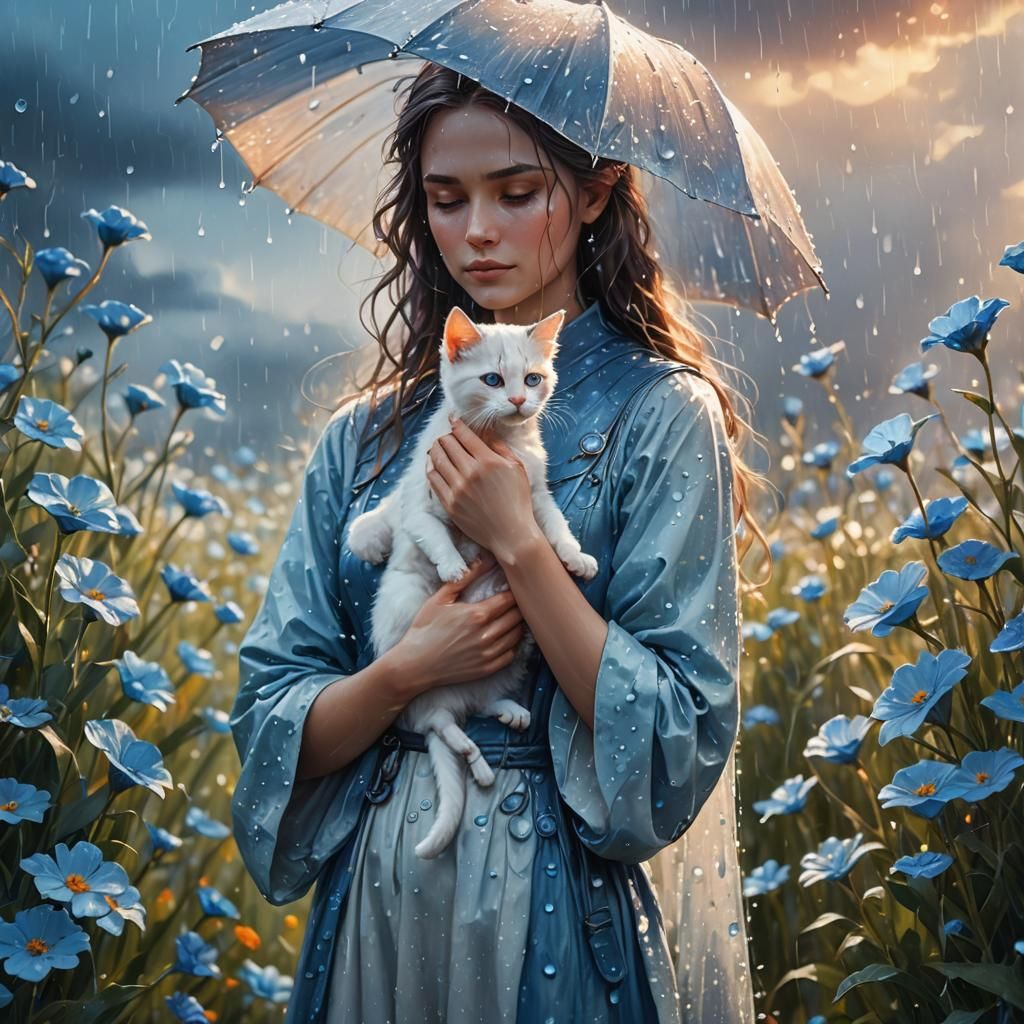 Lady with Kitten in Rainy Flower Field