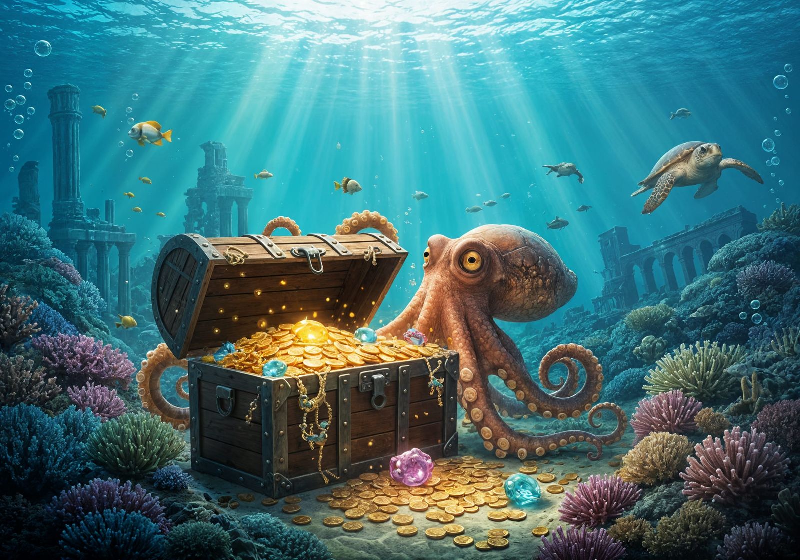 Underwater Octopus Guarding Sunken Treasure in Fantasy Style