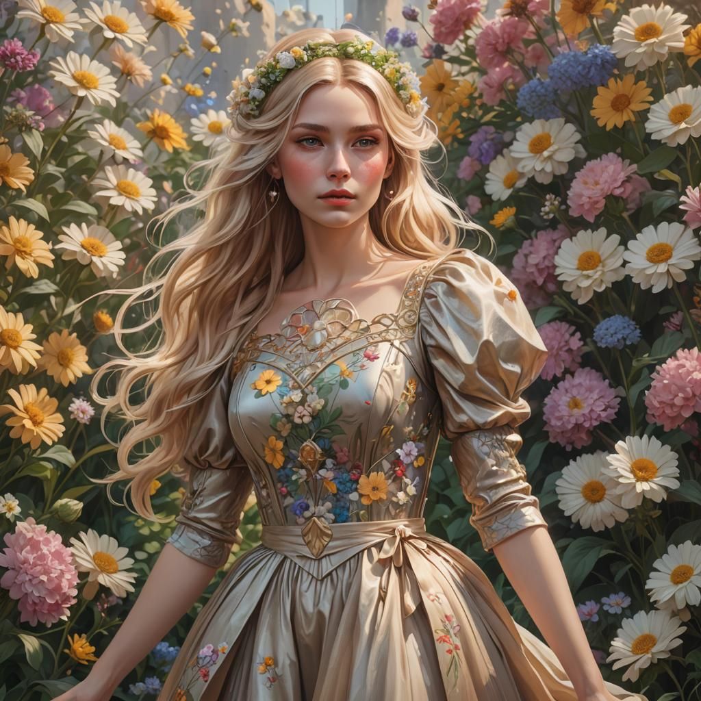 Blond Woman in Floral Patch, Hyperdetailed Portrait