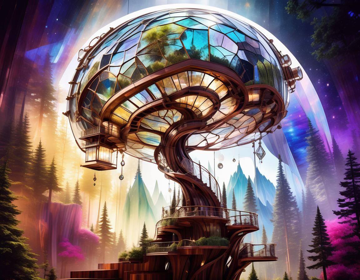 Steampunk Crystal Treehouse in Stained Glass Style