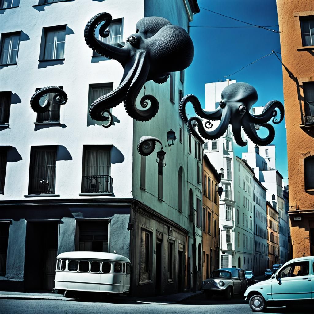 Surreal Octopus Flight Over City Street